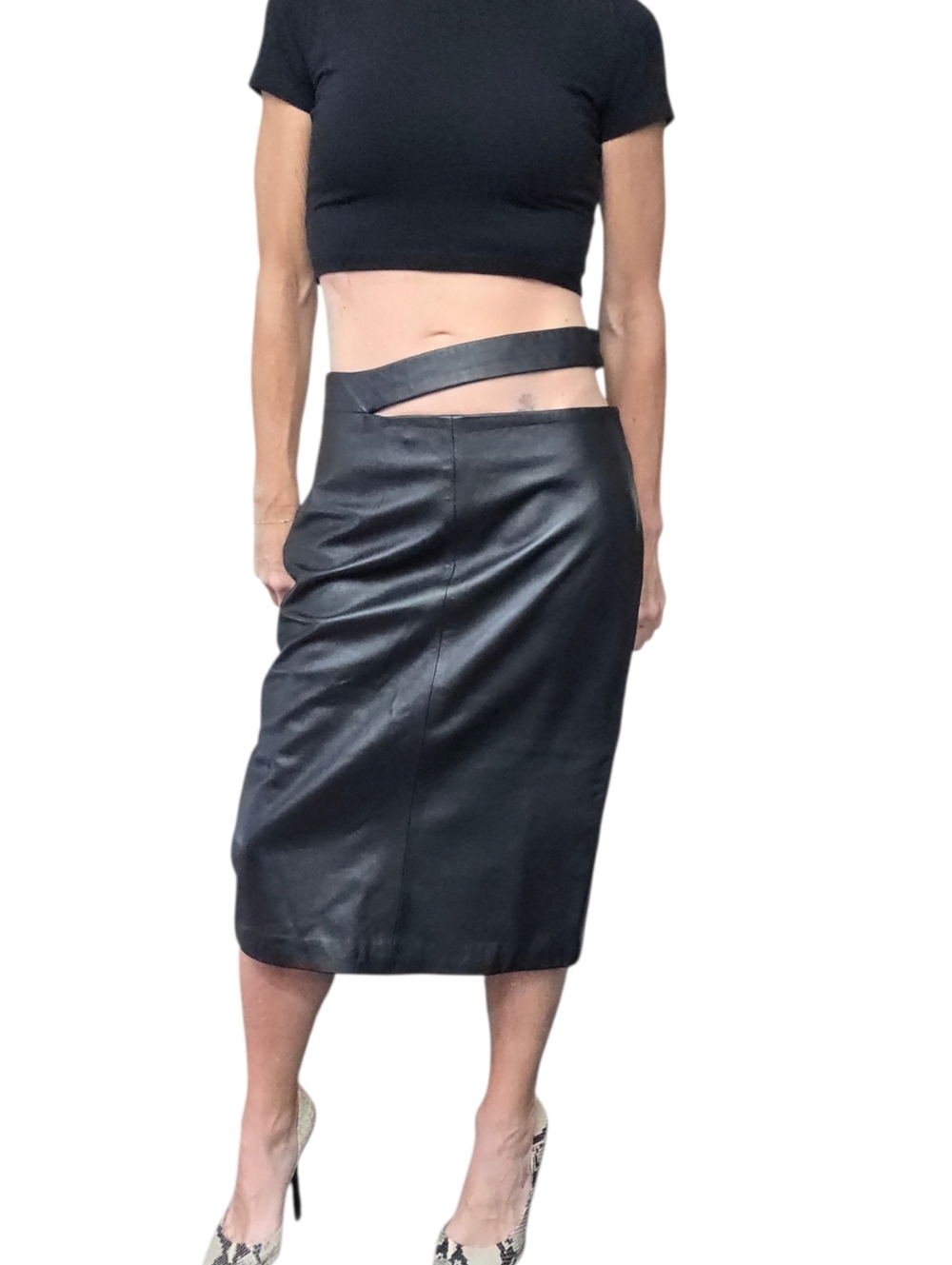 ZARA NWT 100% Sheepskin Leather Cutout Waist Midi Pencil Skirt S
